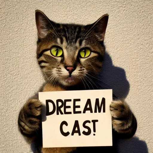 Prompt: realistic high quality photo of a cute cat holding a sign with text that reads : dream, cat, cas, cats cat dreamcats,