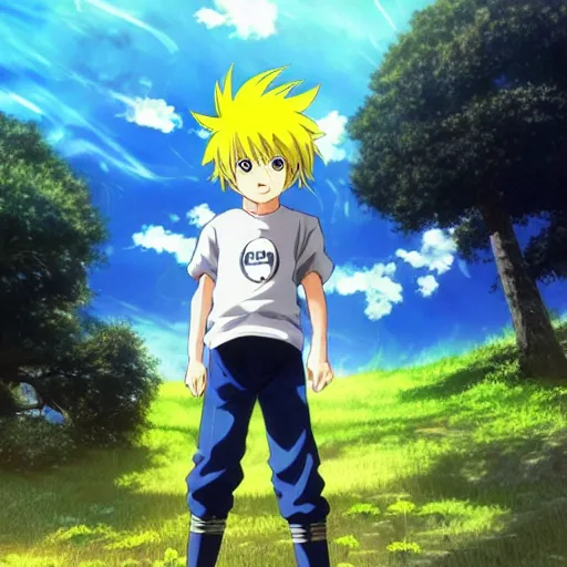 Image similar to “Anime key visual of a young innocent boy with yellow hair and lightning powers in a meadow, detail, 8k, anime, detailed eyes, official media, big eyes, short body, Illustrated by Akira Toriyama, Illustrated by Kohei Horikoshi, official media”