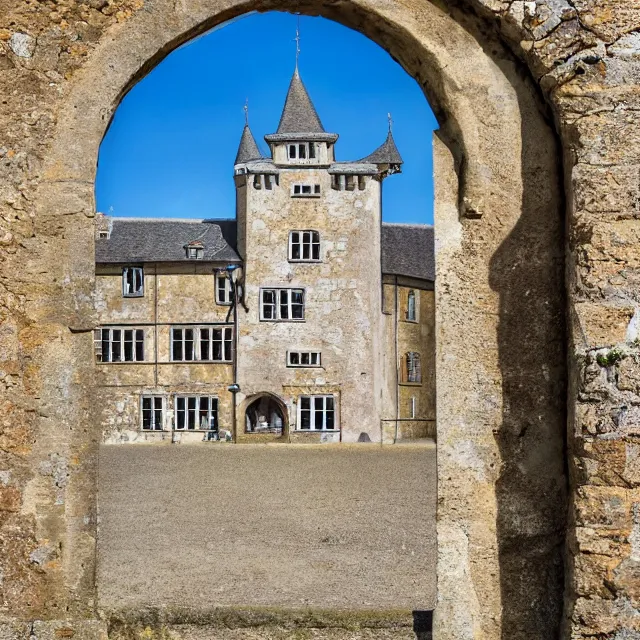 Image similar to hyper realistic photo, looking close up at a well maintained castle from the front gate courtyard on a sunny day