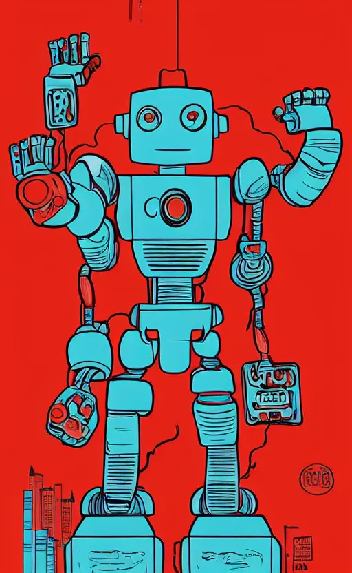 Image similar to a poster of a robot standing in front of a red background, poster art by tim doyle, behance contest winner, shock art, poster art, apocalypse art, sci - fi
