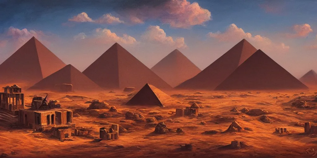 Image similar to an oil painting of a small city in the desert ::Pyramid inside the city surrounded by huts and walls that surround the city and a dark red sun, fantasy,hyper realistic, atmospheric lighting, cinematic, 8k,