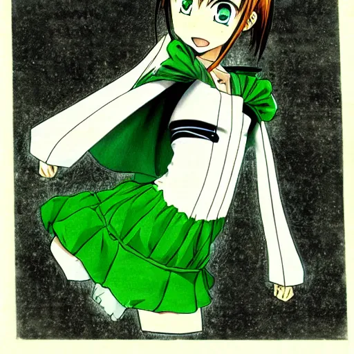 Prompt: anime, girl, green dress, flying, by eiichiro oda