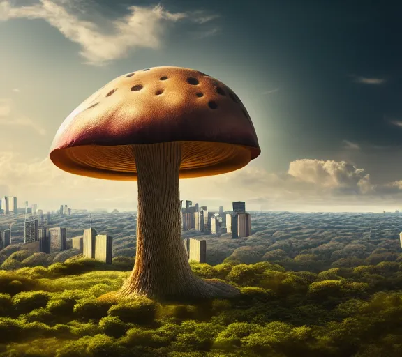 Image similar to a giant mushroom that stretches above the clouds with buildings inside the cap. highly detailed 8 k. intricate. lifelike. soft light. nikon d 8 5 0. cinematic post - processing