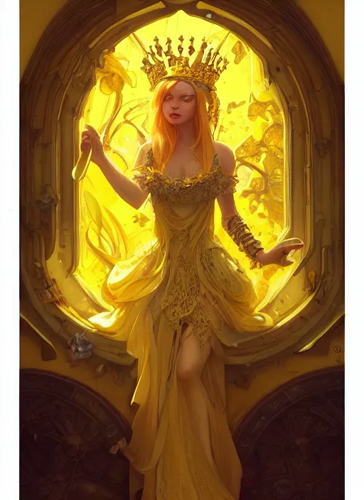 Image similar to yellow mushroom queen, d & d, fantasy, intricate, elegant, highly detailed, digital painting, artstation, concept art, matte, sharp focus, illustration, hearthstone, art by artgerm and greg rutkowski and alphonse mucha