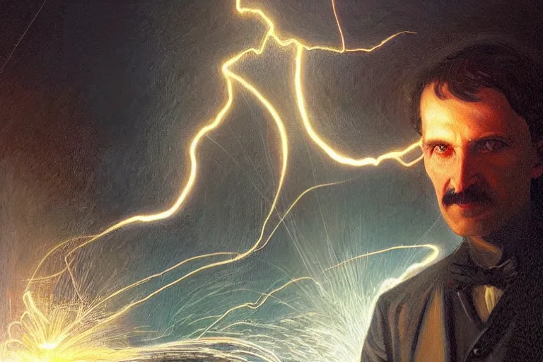 Prompt: a portrait of Nikola Tesla with a background of sparks and electricity, bright lighting, fog, volumetric lighting, intricate, elegant, highly detailed, digital painting, artstation, concept art, smooth, sharp focus, art nouveau, art by artgerm and greg rutkowski and alphonse mucha