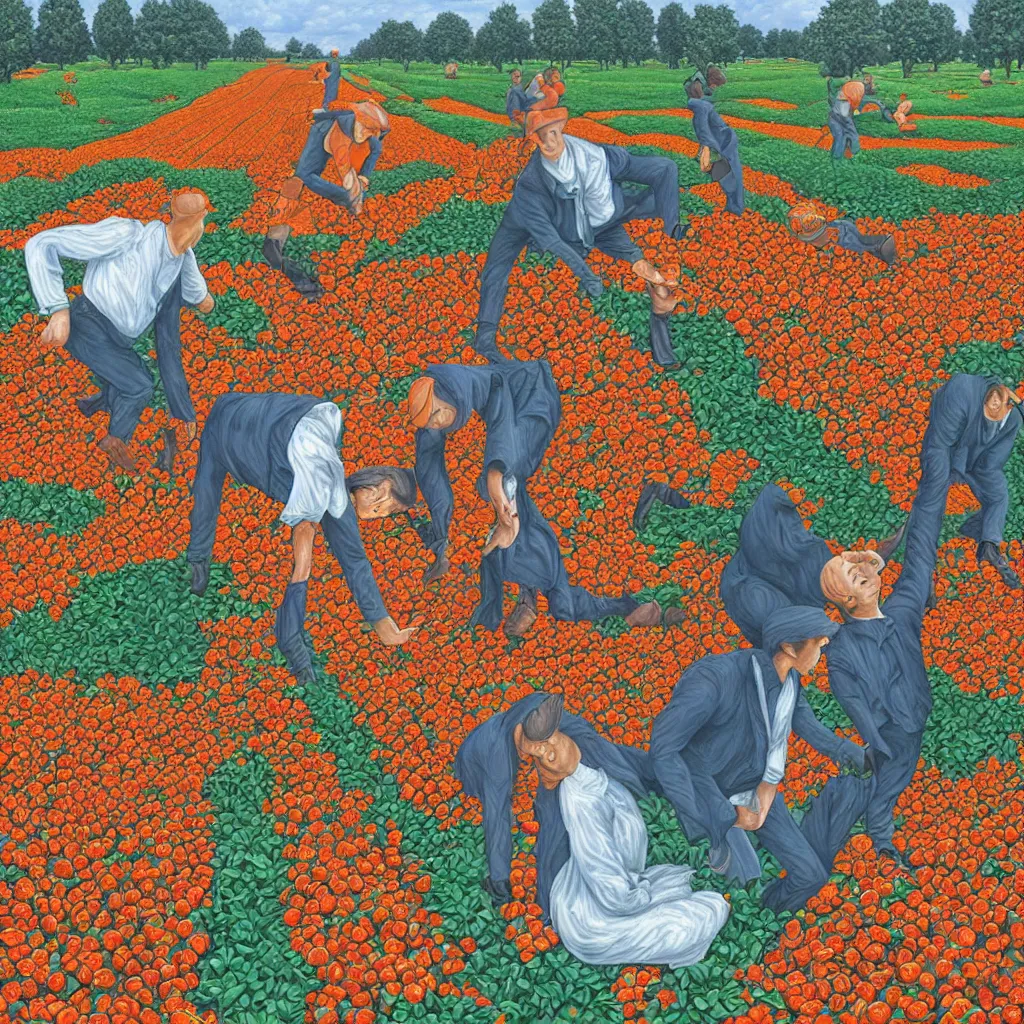 Image similar to a orange strawberry field seen by far in a car riding by, by Rob Gonsalves