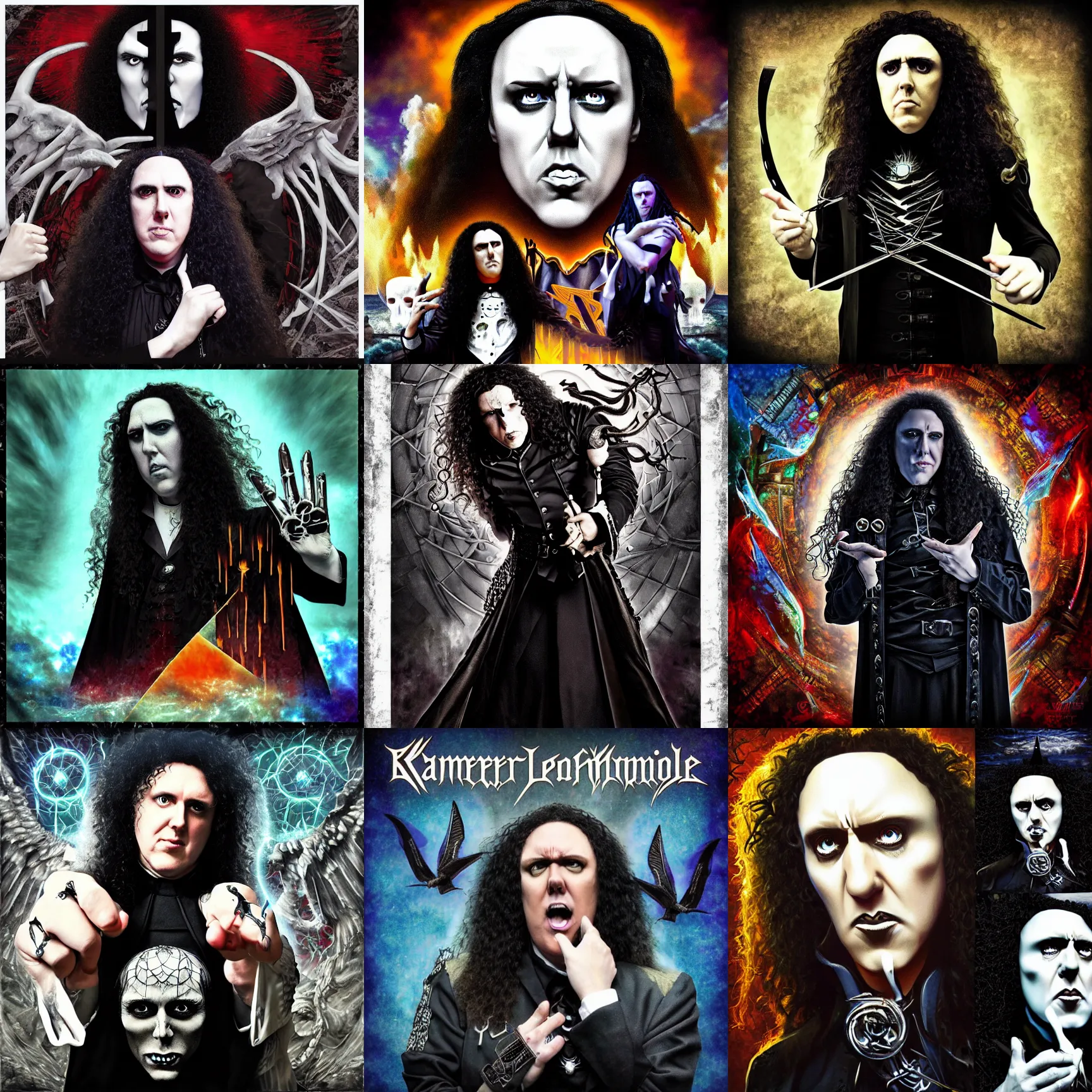 Prompt: kamelot album cover featuring 3 5 mm photo of weird al yankovic, power metal album cover, gothic fantasy, art by stefan heilemann, photoshop collage, trending on artstation