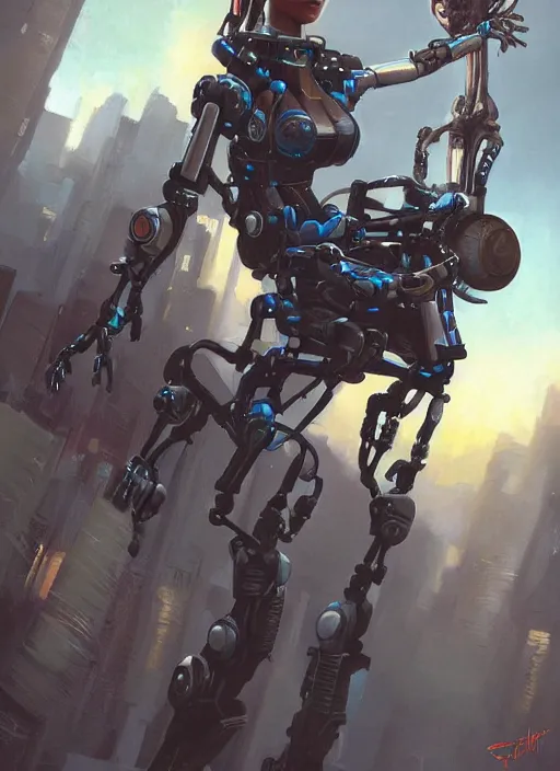 Image similar to An epic fantastic realism graphic novel cover style painting of a beautiful girl, riding on the shoulders, of a robot with four arms, robotics, short pigtails hair, cyberpunk, Concept world Art, ultrarealistic, hyperrealistic, dynamic lighting by Paolo Eleuteri Serpieri