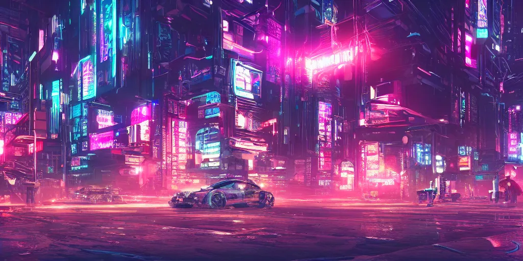 Image similar to Hyper detailed digital art of a cyberpunk city, neon lights, nighttime, 4k, ultra realistic, view from the streets