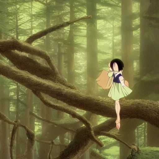 Image similar to spirit, forest, dancing on a tree top, hayao miyazaki, masashi ando, nizou yamamoto, kazuo oga, joe hisaishi, yoji takeshige, naoya tanaka