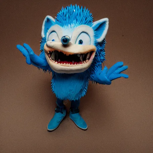 Image similar to anthropomorphic blue hedgehog with human teeth, studio portraitng