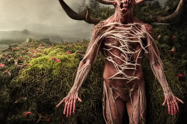 Prompt: portrait of Danny DeVity, wearing hay coat, with horns, visible muscles and veins and arteries and bones and spines and nerves, flowers growing out of his body, beautiful detailed intricate insanely detailed octane render, 8k artistic photography, photorealistic, chiaroscuro, by David Cronenberg, Raphael, Caravaggio