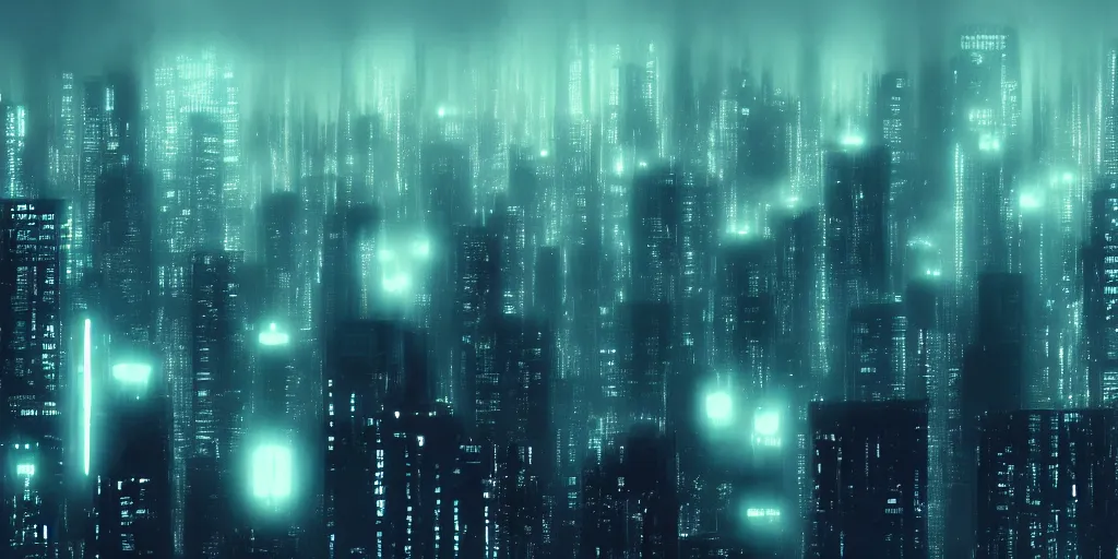 Prompt: megacity seen from above, neon signs, giant screens, eerie fog, blade runner, ex machina