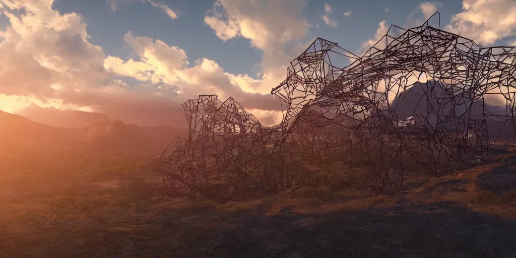 Prompt: ”complex metal structure in a valley in the sunset, volumetric lighting, clouds, photorealistic”