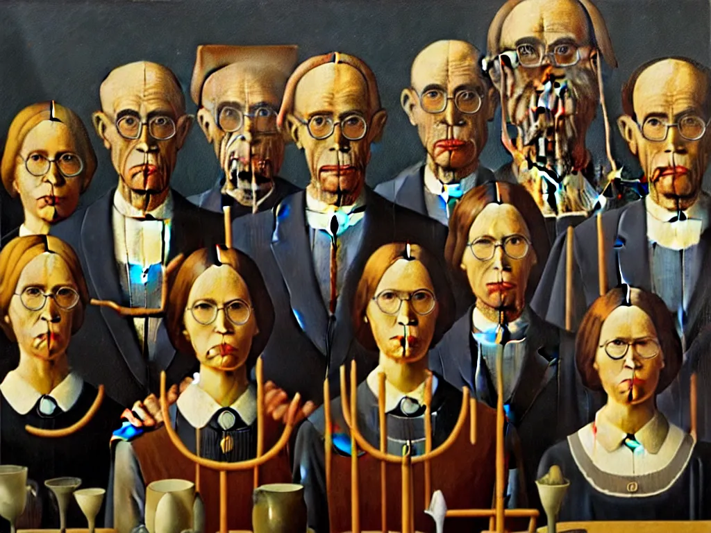 Prompt: crowded last supper american gothic painting magritte, renaissance, detailed faces