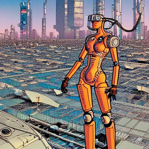 Image similar to a beautiful highly detailed futuristic mechanical lady, cyberpunk rooftop on jupiter, filled with people,, art by geof darrow,