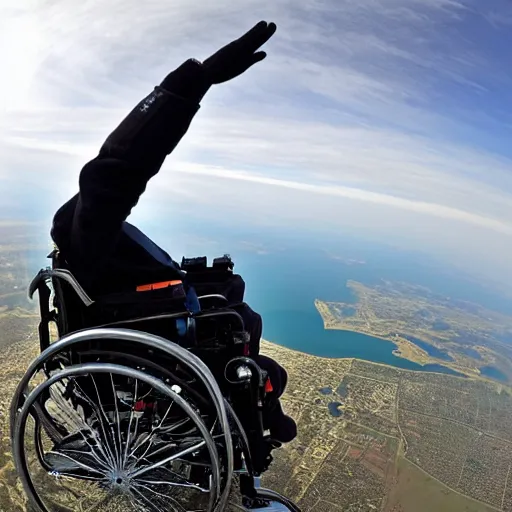 Image similar to Fish-eye lens of Stephen Hawking skydiving in his wheelchair