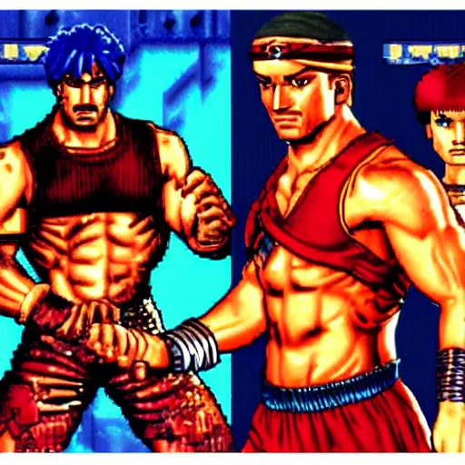 Prompt: portrait of rambo in double dragon video game splash screen