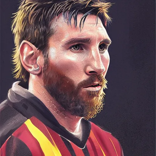 Image similar to portrait of lionel messi by greg rutkowski, cade skywalker, messy blond hair, beard, tall and muscular, star wars expanded universe, he is about 3 0 years old, wearing a flying jacket, distrustful and arrogant, highly detailed portrait, digital painting, artstation, concept art, smooth, sharp foccus ilustration, artstation hq