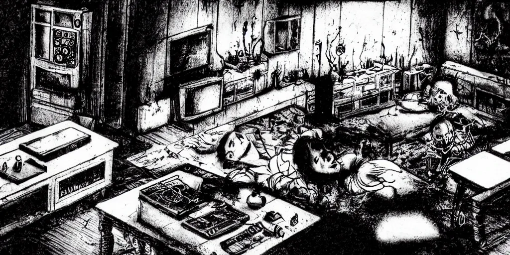 Image similar to A room with a tv and video-game, horror, creepy, dark, manga, hq, pencil, inspired by junji ito, superior quality, masterpiece