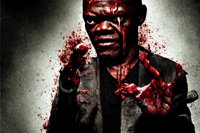 Image similar to samuel l. jackson as a zombie, blood, decay, cinematic lighting, portrait, medium shot, horror movie still