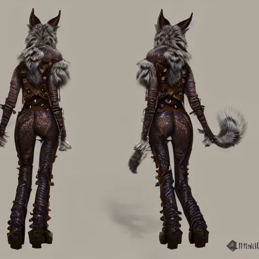 Prompt: full body of anthropomorphic lynx fursona from behind wearing steampunk vest as a woman with lynx head, tail, paws, by tanidareal, irakli nadar, intricate linework, unreal engine, fantasy style, perfect angle, radiant lighting, vibrant color scheme, 3 d render, detailed highly lighted fur, realistic fur