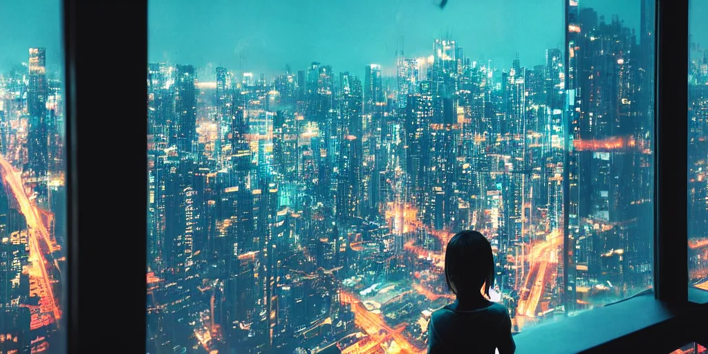 Image similar to overlooking on night city cyberpunk from floor to ceiling window, little girl, beautiful hair at the back, looking out the window, liminal, cinematic, dreamscape