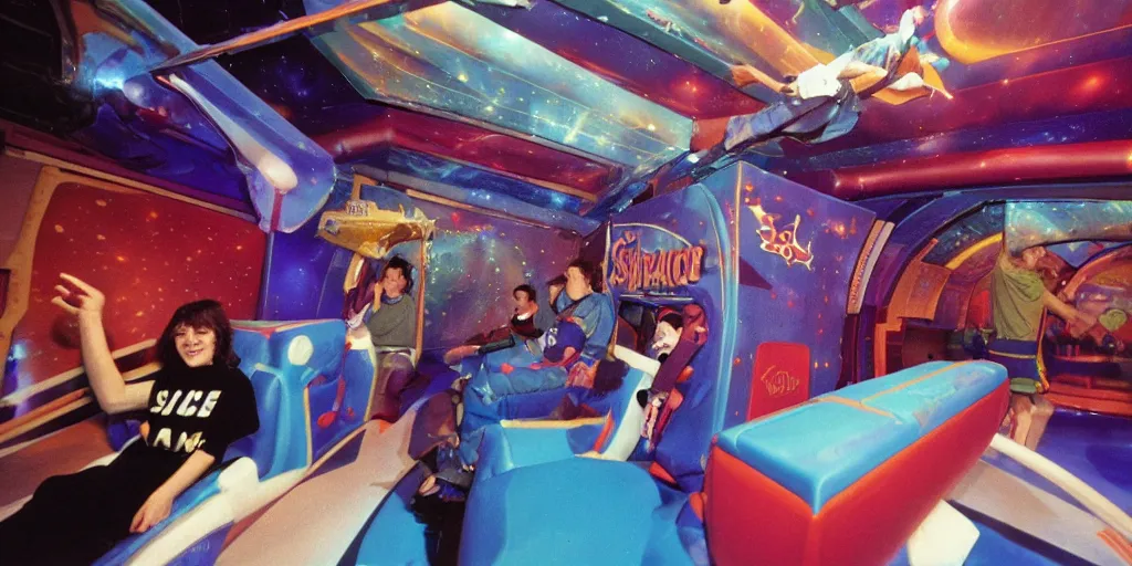 Image similar to 1990s photo of inside the Space Sofa ride at Universal Studios in Orlando, Florida, riding the flying sofa through space , cinematic, UHD