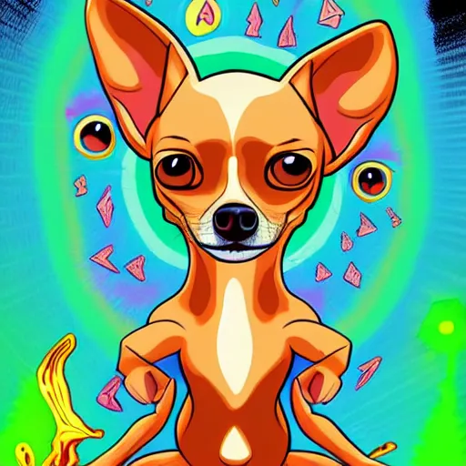 Image similar to a chihuahua with a third eye living in an extradimensional reality, in the style of goof troop, illustration, epic, fantasy, hyper detailed, smooth