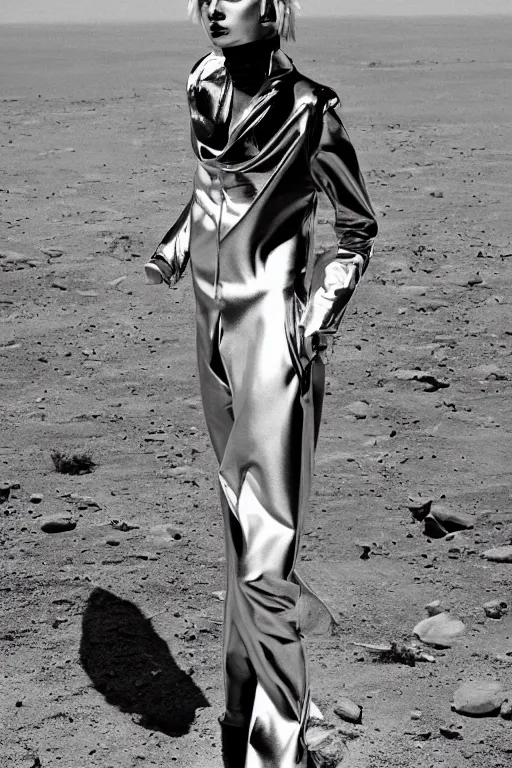 Image similar to portrait davis taylor brown dressed in 1 9 8 1 space fantasy fashion, new wave, shiny metal, standing in a desert