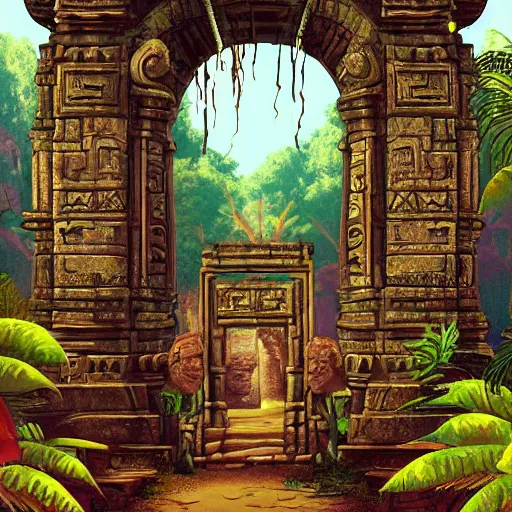 Image similar to ancient jungle temple with a portal to another dimension pulp art