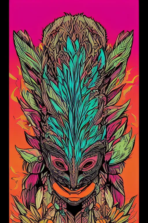 Image similar to animal mask totem roots flower tribal feather gemstone plant wood rock shaman vodoo video game vector cutout illustration vivid multicolor borderlands comics by josan gonzales and dan mumford radiating a glowing aura