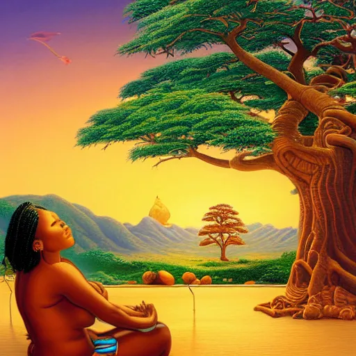 Prompt: a stunning aftican woman with a golden glow meditating in an african zen garden with a baobab tree at sunset, by dan mumford and thomas kinkade and thomas blackshear, oil on canvas, pastel colorscheme