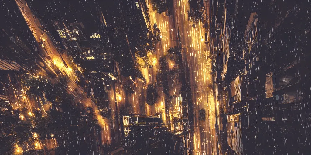 Image similar to a city street at night, raining, photograph, cyberpunk, sharp focus, intricate detail, drone shot,