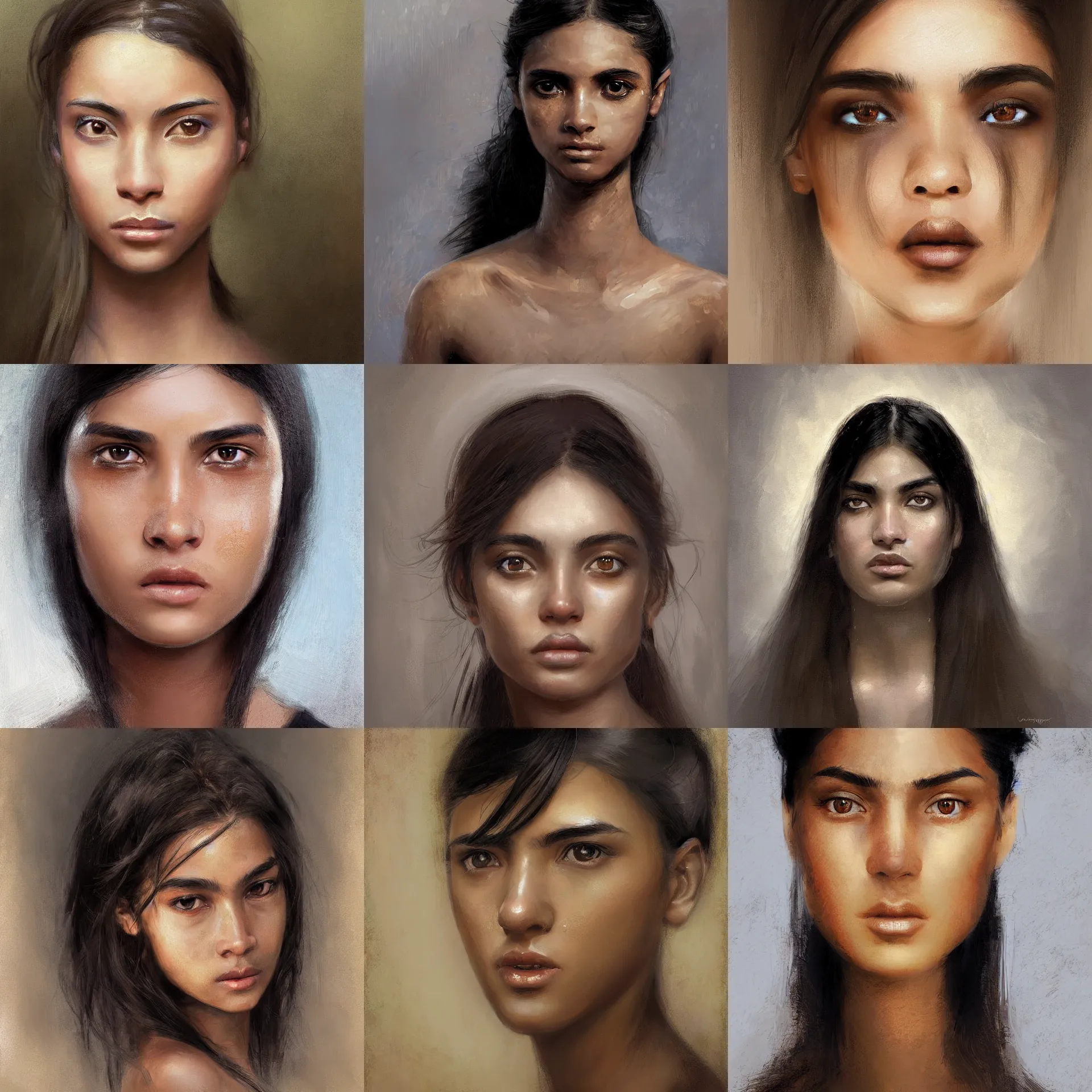 Prompt: digital art portrait painting of a 2 0 years old light brown skin young latino woman, long free black straight hair, thick eyebrows, very small eyes, small straight nose, strong defined jaw, brown eyes, painted by craig mullins and gaston bussiere and greg rutkowski, symmetrical facial features, symmetrical face, defined facial features, beautiful face, dramatic lighting