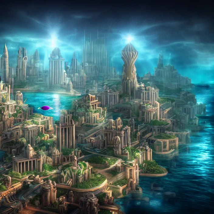 Image similar to hyper realistic, high detail photo of city of atlantis, underwater, lights on buildings, beautiful, dreary lighting, crystal ball