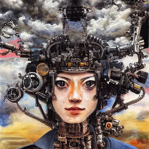 Image similar to 8 k uhd, detailed portrait, high dynamic range, by katsuhiro otomo : ( background = varnished oil paint on black background with pastel paint splashes in background ) + ( subject = queen baroque expressionist cyborg machine goddess + subject detail = very detailed ) painted on a car