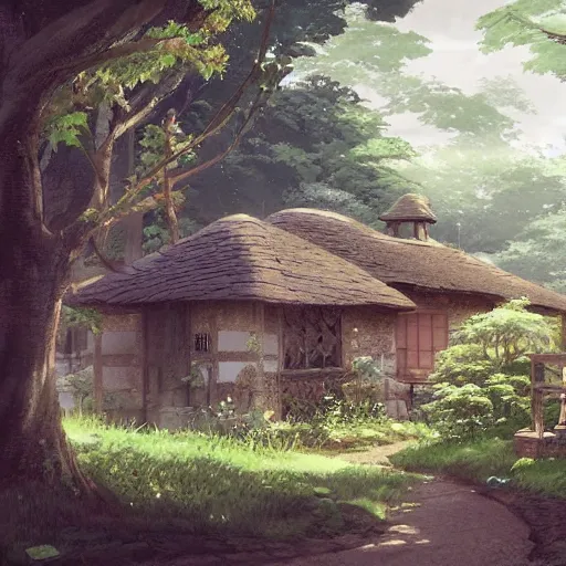 Image similar to concept art painting of an english cottage with japanese influence, in the woods, cozy, realistic, detailed, cel shaded, in the style of makoto shinkai and greg rutkowski and james gurney