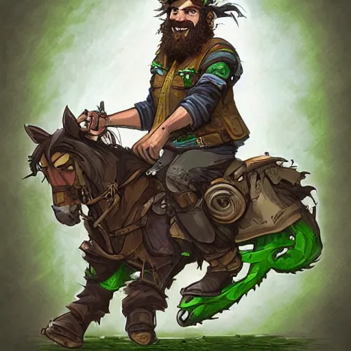 Image similar to a bearded and long haired bicycle food delivery worker with a green bag on his back in ireland, he has boots, hearthstone art style, epic fantasy style art by kim jung gi, fantasy epic digital art