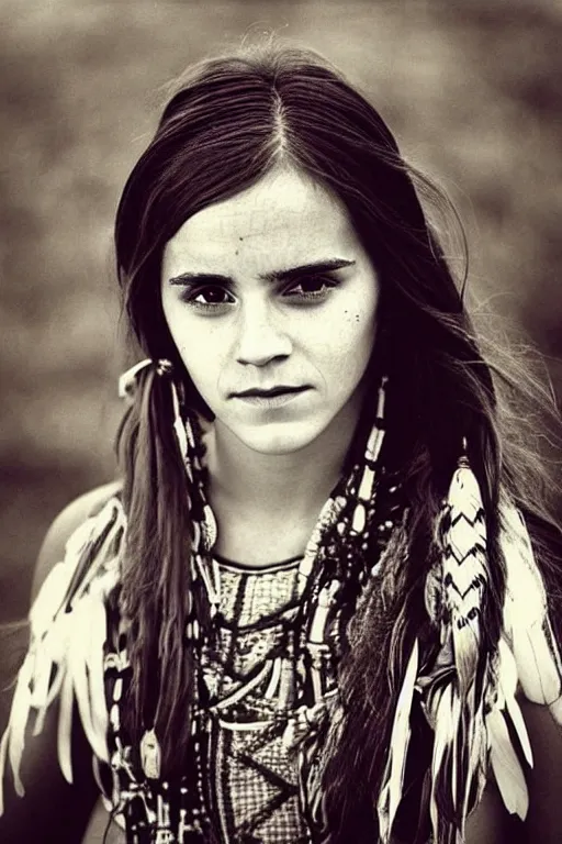 Image similar to “Photo of Native American indian woman Emma Watson, portrait, skilled warrior of the Apache, ancient, realistic, detailed, emma watson”