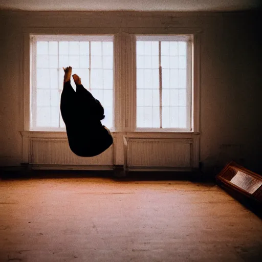 Image similar to a woman floating suspended above the floor in the room of an old house, 3 5 mm, sunlight