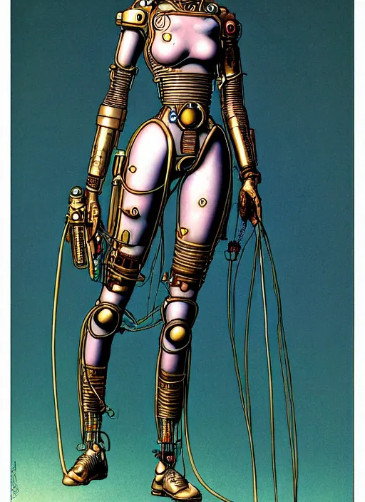 Image similar to image of beautyful female android steampunk by moebius,