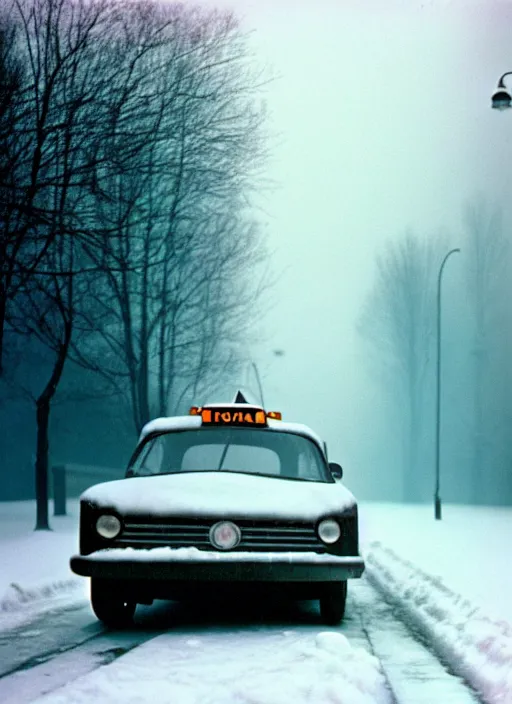 Image similar to emma getting out of taxi in winter, faded color film, russian cinema, tarkovsky, kodachrome, heavy fog, 4 k, dramatic lighting, greg rutkowski