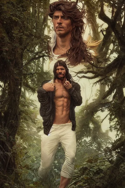 Image similar to portrait of a herculian man in a bomber - jacket, flowing hair, forest, full body, muscular, fantasy, intricate, elegant, highly detailed, digital painting, artstation, concept art, sharp focus, illustration, art by artgerm and greg rutkowski and alphonse mucha