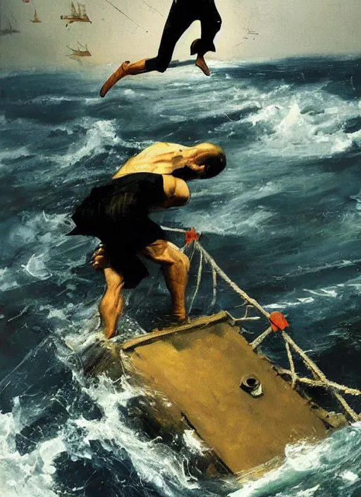 Prompt: joe biden jumping off of ship, drowning, propaganda art, water crashing, water rushing lungs, fear!!!!!! scary, painting by phil hale, fransico goya,'action lines '!!!, graphic style, visible brushstrokes, motion blur, blurry, visible paint texture, crisp hd image