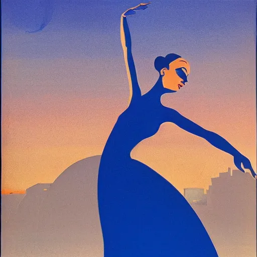 Image similar to a ballerina facing a blue portal on the street, which shows a beach at sunset, alberto vargas