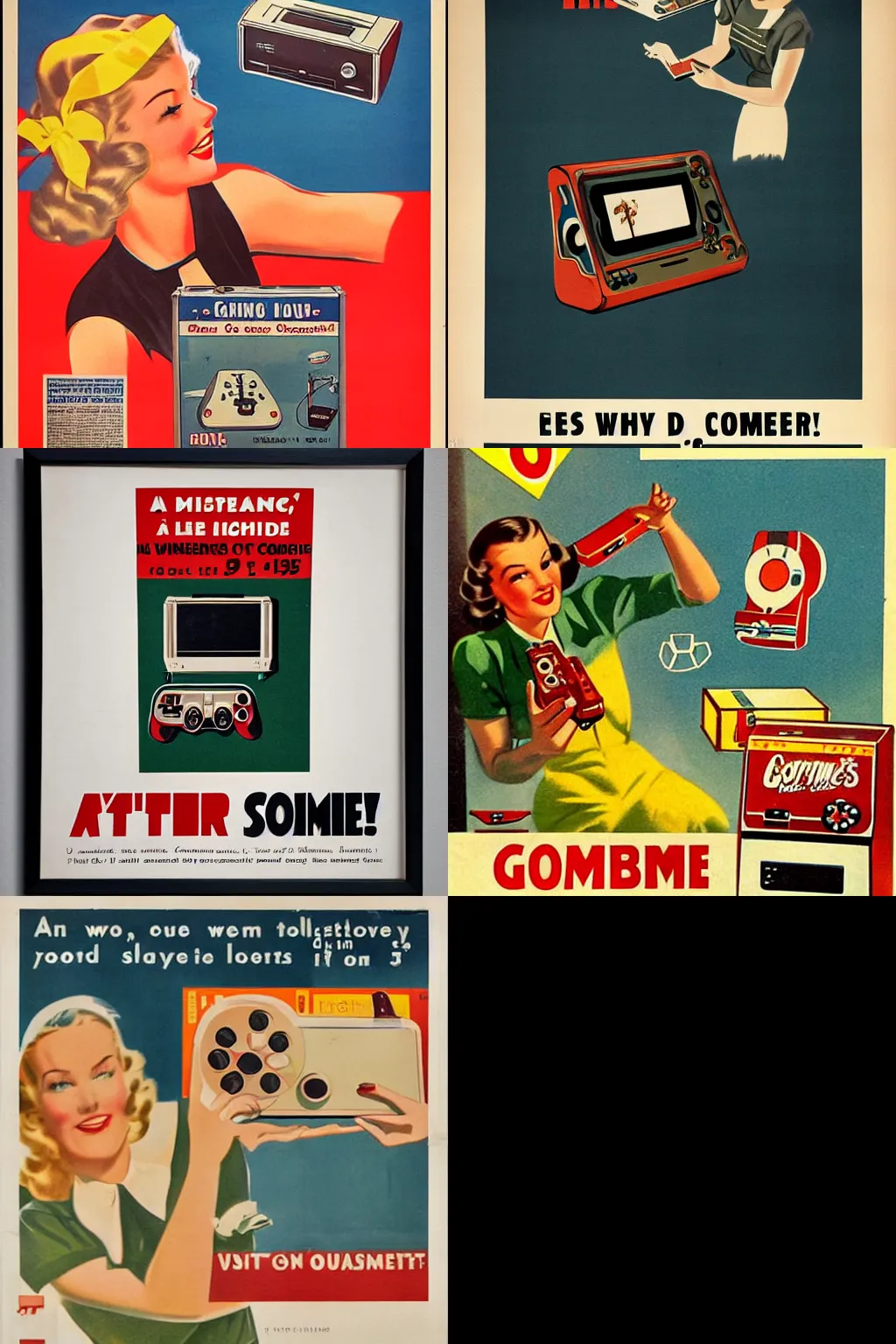 Prompt: A poster of a 1940\'s vintage Ad for a gaming console. The poster is placed on a wall.