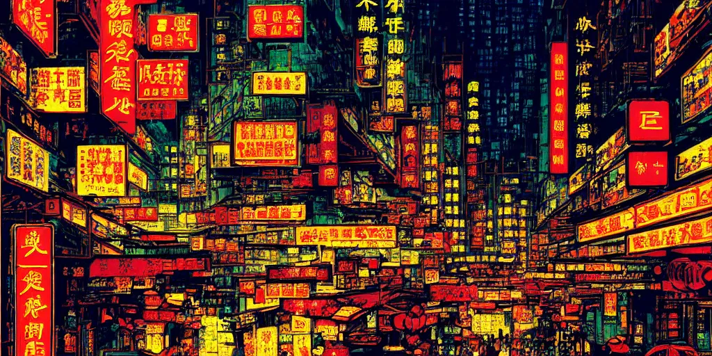 Prompt: artwork of a hong kong street, wong kar - wai, by dan mumford and toshi yoshida and peter doig, vintage scifi, highly detailed, dramatic lighting, 8 k