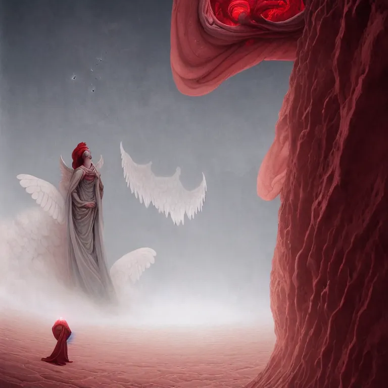 Image similar to one lone singular swirling otherworldly angel shrouded in red robes emerges from extensive barren white dunescape, matte painting by peter mohrbacher and filip hodas, background basilica sacrecoeur by hugh ferriss, godrays, high contrast, highly detailed, a