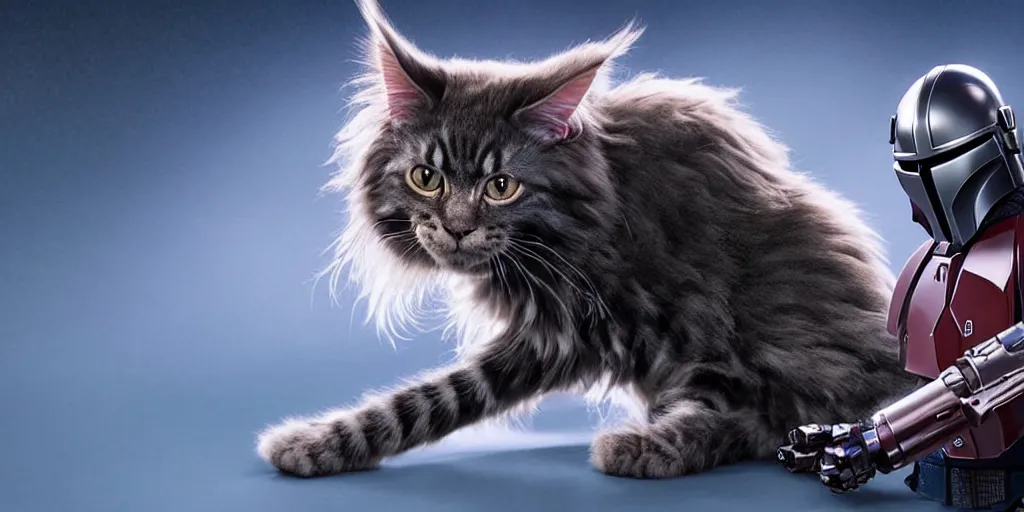 Image similar to a 3 d rendered movie still a robotic maine coon cat scanner. a cat scan. science fiction blockbuster movie from the future, imax 7 0 mm. the mandalorian ( american space western television series )